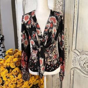 Free People Black Floral Top with Tie Detail